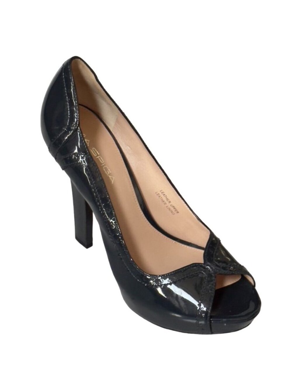 Via Spiga Shoes Dark Teal Patent Leather Stiletto Heel Peep Toe Pumps Womens 8M